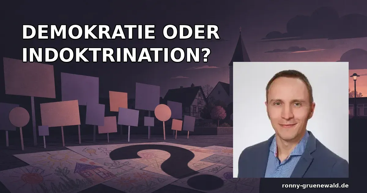 Titelbild: Ronny neben einer symbolischen Demokratie-Demonstration und der Frage nach politischer Indoktrination von Kindern