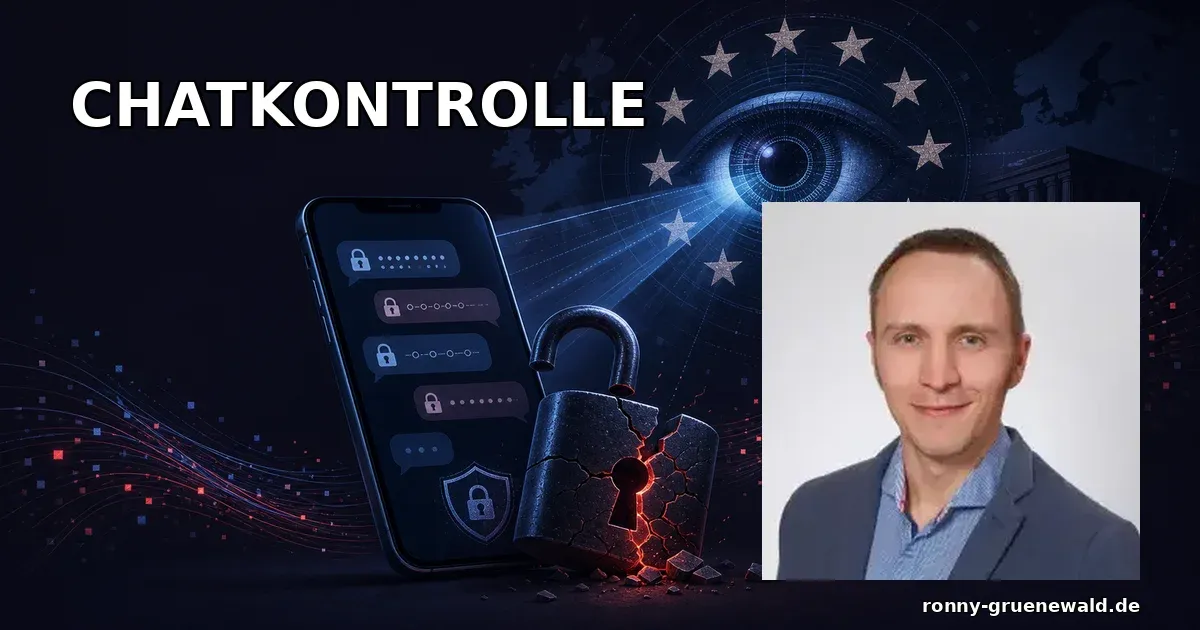 Titelbild: Ronny neben einem digitalen Schutzschild zur EU-Chatkontrolle und Gefahren für Datenschutz und Grundrechte