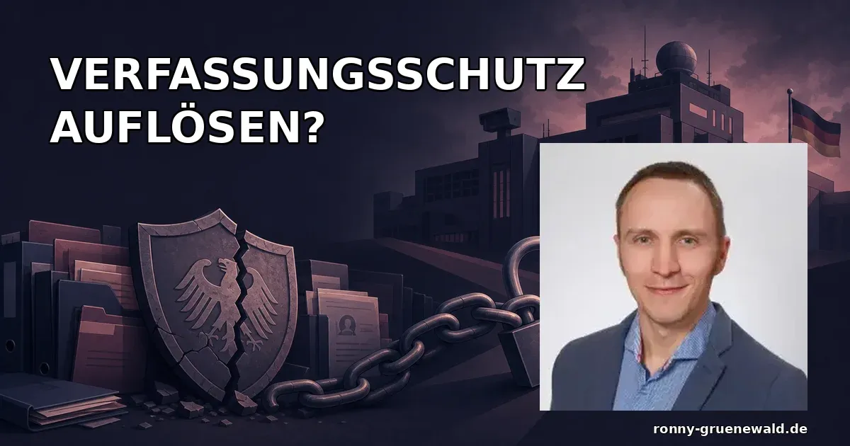 Titelbild: Ronny neben einem Demokratie-Schutzschild zur Frage nach Auflösung oder Reform des Verfassungsschutzes