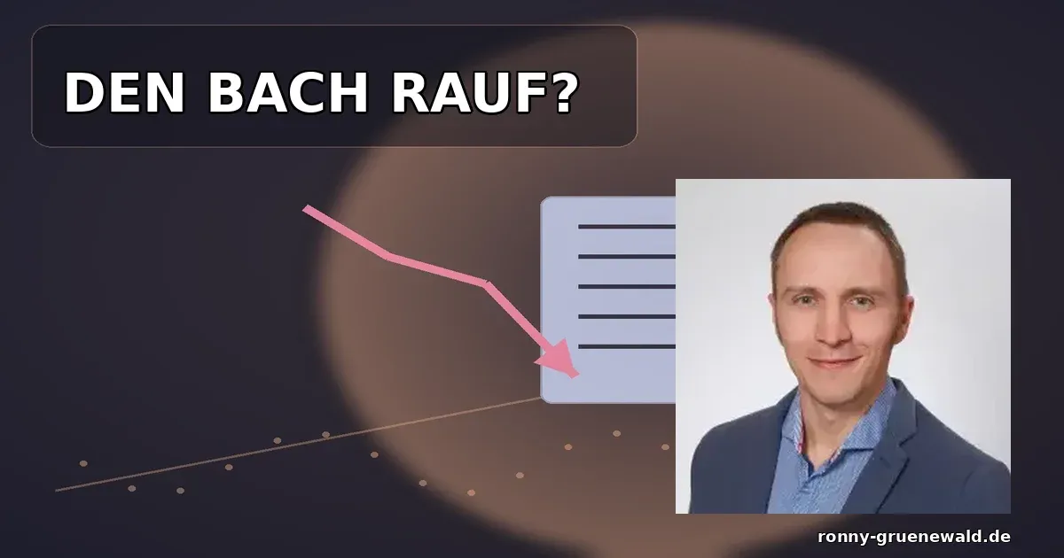 Titelbild: Ronny neben fallender Wirtschaftskurve und Buchsymbolik zur Kritik an „Den Bach rauf“