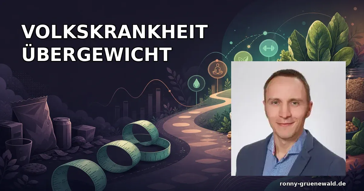 Titelbild: Ronny neben Gesundheits- und Ernährungssymbolik zu Übergewicht und Lösungsansätzen