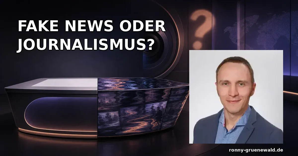 Titelbild: Ronny neben einem geteilten Nachrichtenschirm zur Frage Fakenews oder Journalismus bei der Tagesschau