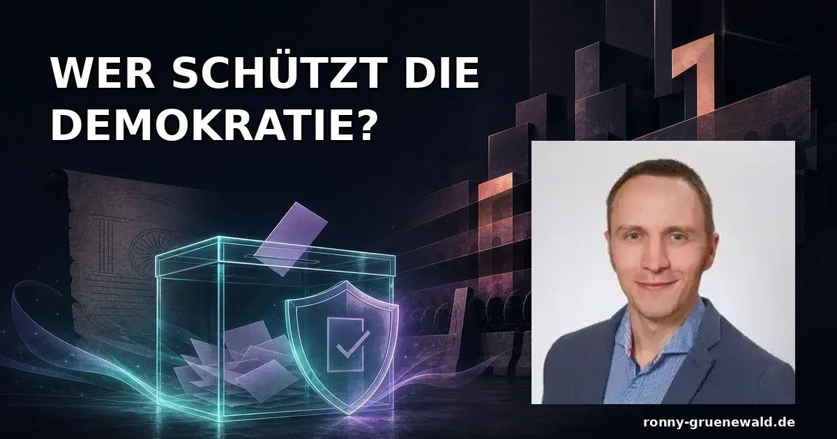 Titelbild: Ronny neben Wahlurne, Grundgesetz-Motiv und Schatten politischer Macht zur Frage, wer unsere Demokratie wirklich schützt