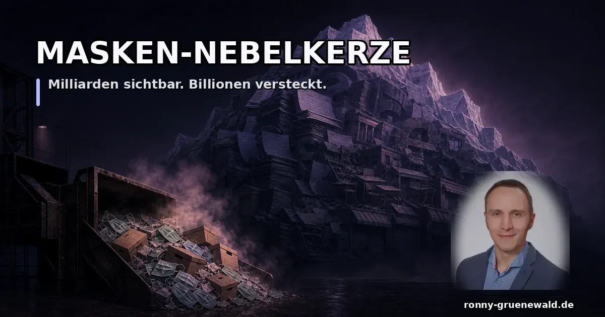 Titelbild: Ronny neben entsorgten Masken und einem dunklen Kosten-Eisberg zur verschwiegenen Billionenfrage der Corona-Politik