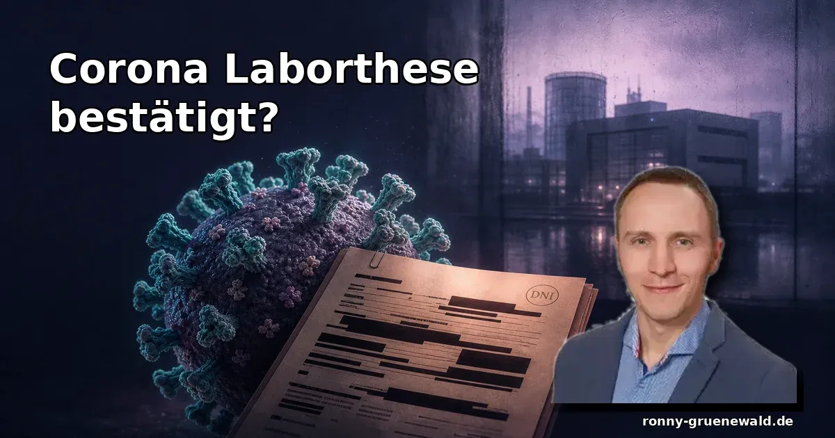Titelbild: Ronny neben geschwärzten DNI-Dokumenten und Wuhan-Labor-Silhouette zur Debatte um die Corona-Laborthese