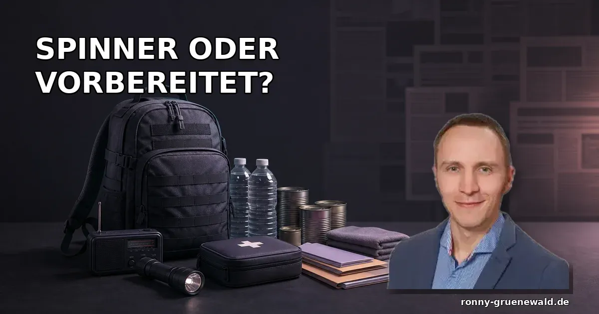 Titelbild: Ronny neben einem Notfallrucksack mit Wasser, Lebensmitteln und Radio; Aufmacher „Spinner oder vorbereitet?“ zur Debatte über Krisenvorsorge und Prepper-Framing