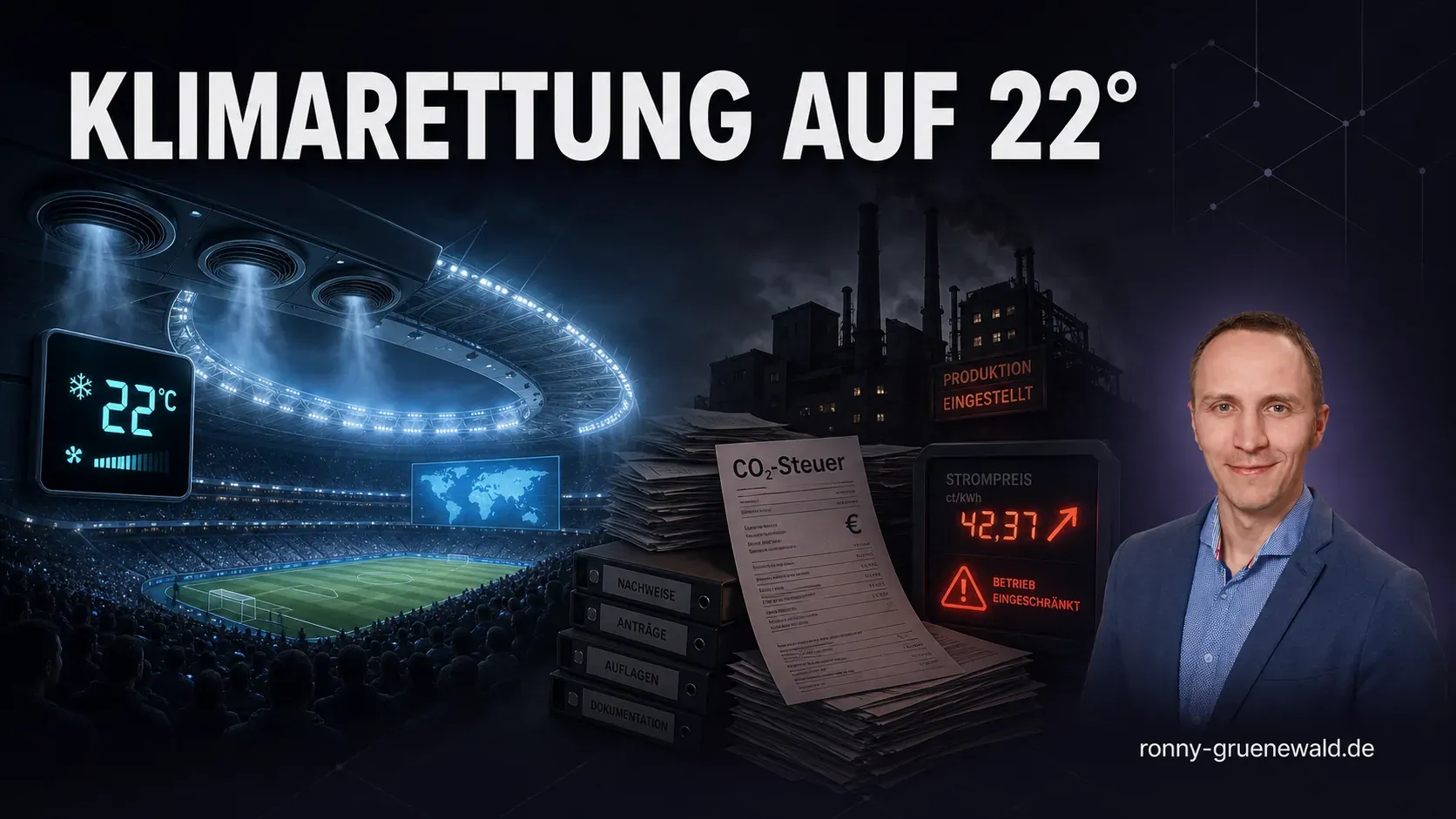 Titelbild: Ronny neben einer Gegenüberstellung aus heruntergekühltem US-Stadion und deutscher Fabrik unter CO2-Abgaben
