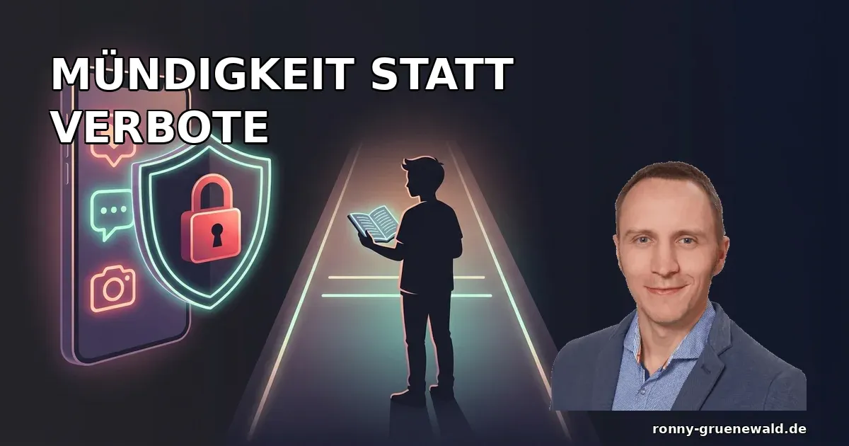 Titelbild: Ronny neben einer dunklen Social-Media-Szene zwischen Verbotssymbolen und digitalen Lernwerkzeugen für Jugendliche