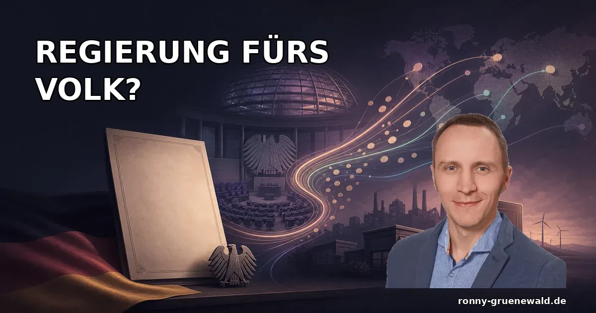 Titelbild: Ronny neben einer politischen Szene aus Amtseid, Geldflüssen ins Ausland, Rentnern, Industriekrise und der Frage, ob die Regierung für das Volk handelt