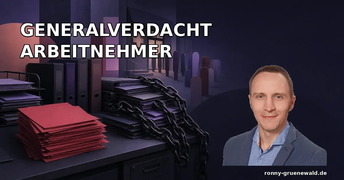 Titelbild: Generalverdacht Arbeitnehmer — Ronny neben einer düsteren Szene aus Krankschreibungsformularen, Arztpraxis-Warteschlange und Bürokratieketten