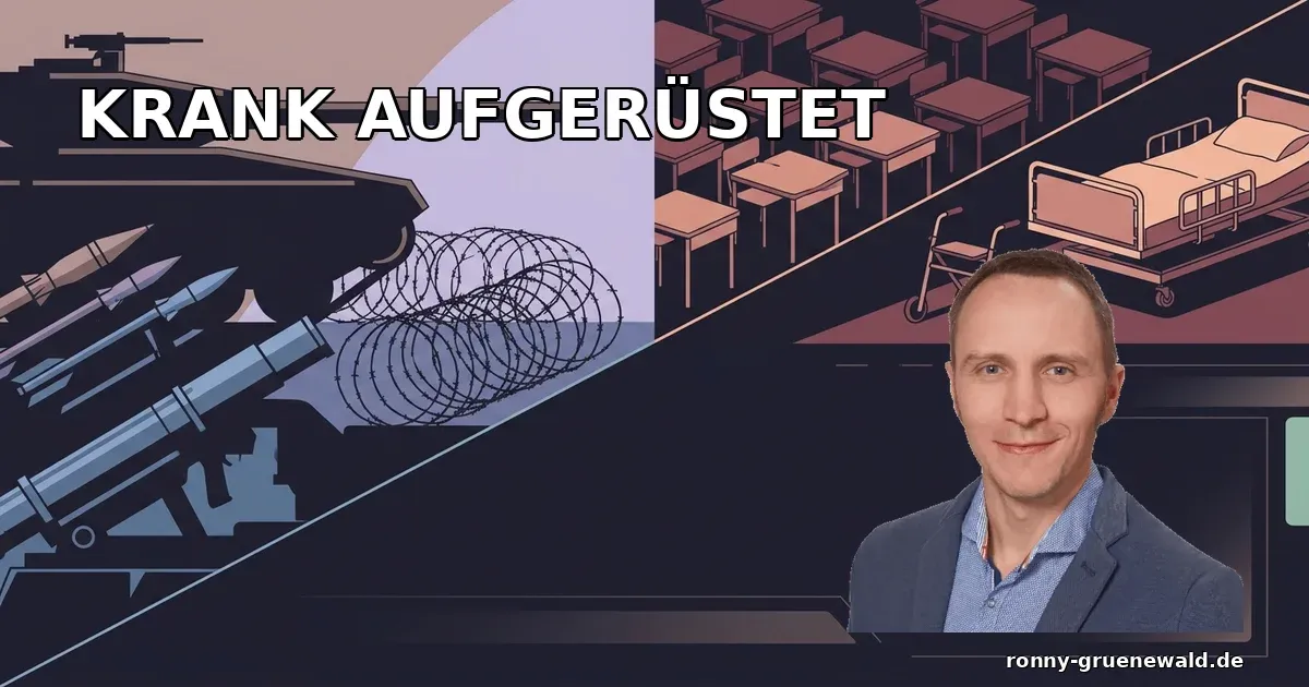 Titelbild: Ronny neben einer gespaltenen Szene mit militärischen Silhouetten links und verfallender sozialer Infrastruktur rechts zum Haushalt 2027