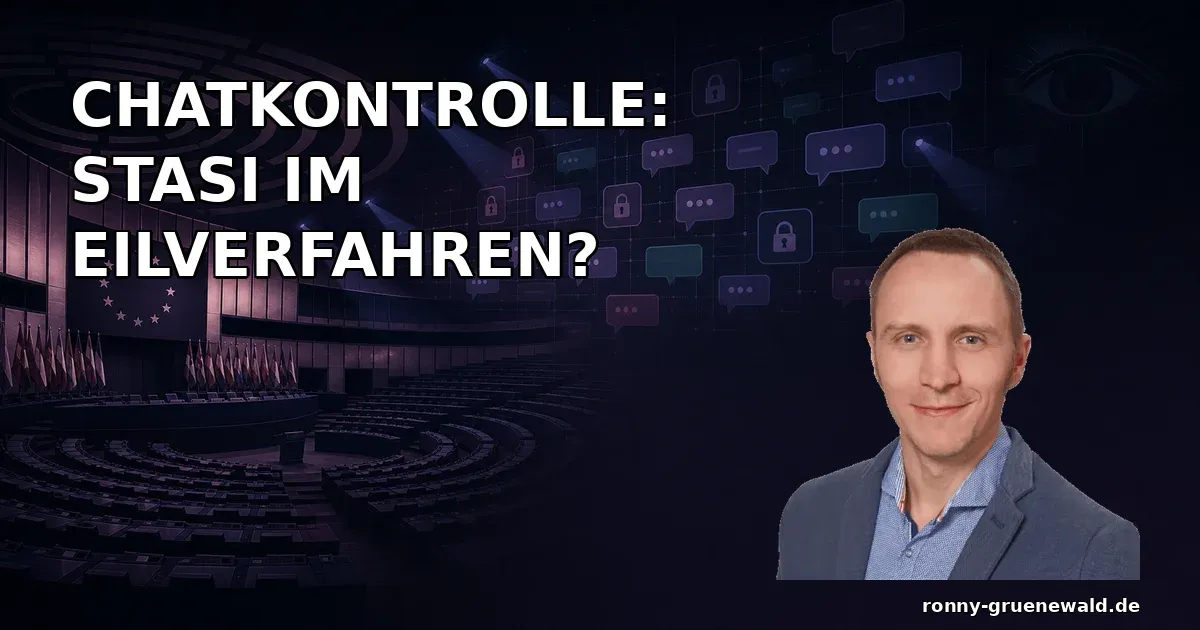 Titelbild: Ronny neben einer dunklen Szene aus EU-Parlament, privaten Chatnachrichten und digitaler Massenüberwachung zur Chatkontrolle