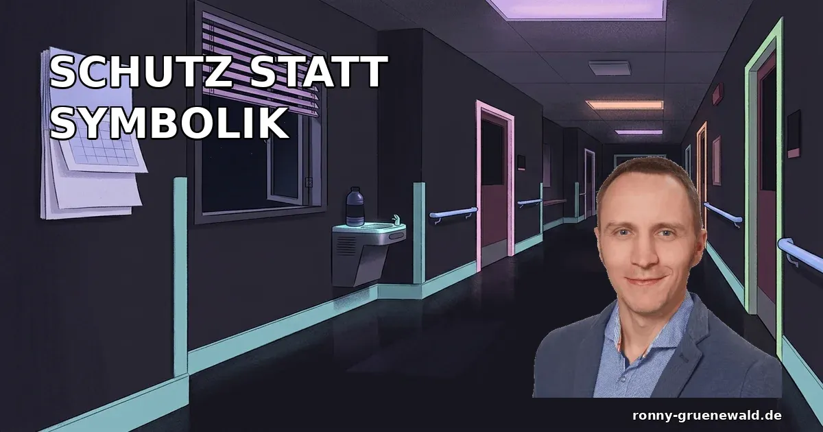 Titelbild: Ronny neben einem überhitzten Pflegeheim- oder Krankenhausflur mit Wasserstation und Sonnenschutz als Symbol für wirksamen Hitzeschutz