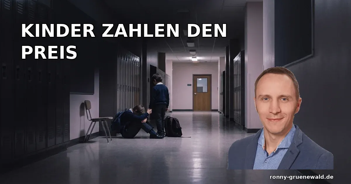 Titelbild: Zwei einsame Schulkinder in einem dunklen, leeren Schulflur – eines sitzt erschöpft am Boden, das andere steht daneben; Ronny rechts im Bild