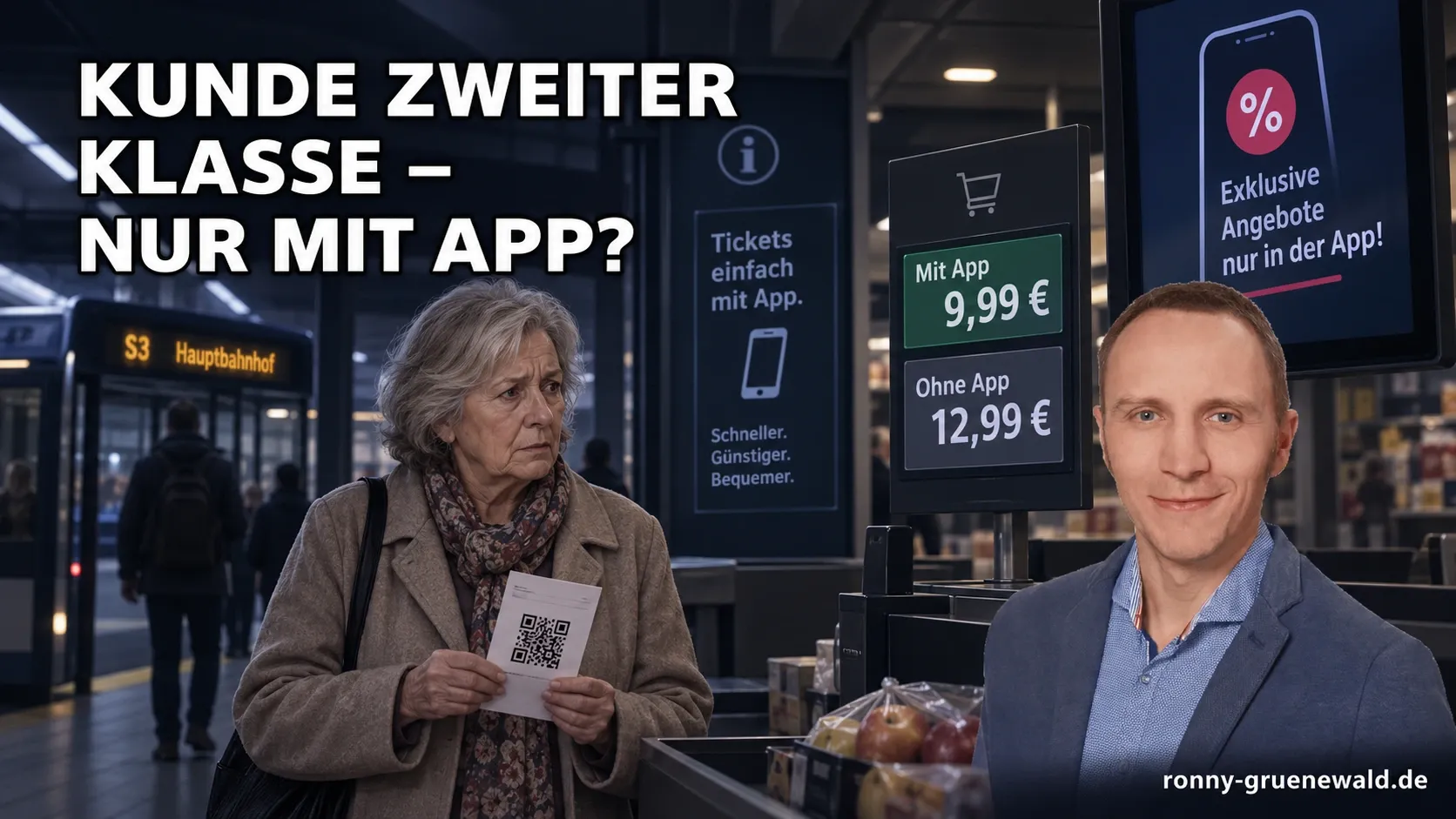 Symbolische Montage: ältere Frau mit Papiernachweis zwischen Bahnsteig und Supermarktkasse, daneben App-Angebote und ein Porträt.
