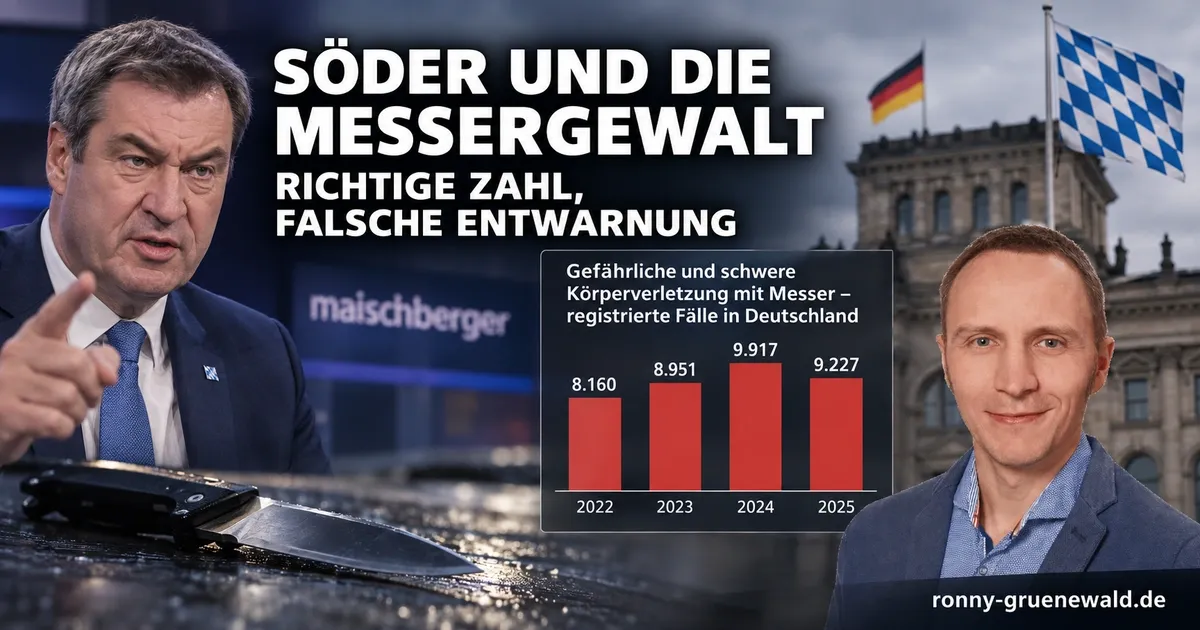 Illustrative Fotomontage mit zwei Porträts, Messer, deutscher und bayerischer Flagge sowie einem Balkendiagramm registrierter gefährlicher und schwerer Körperverletzungen mit Messer von 2022 bis 2025.