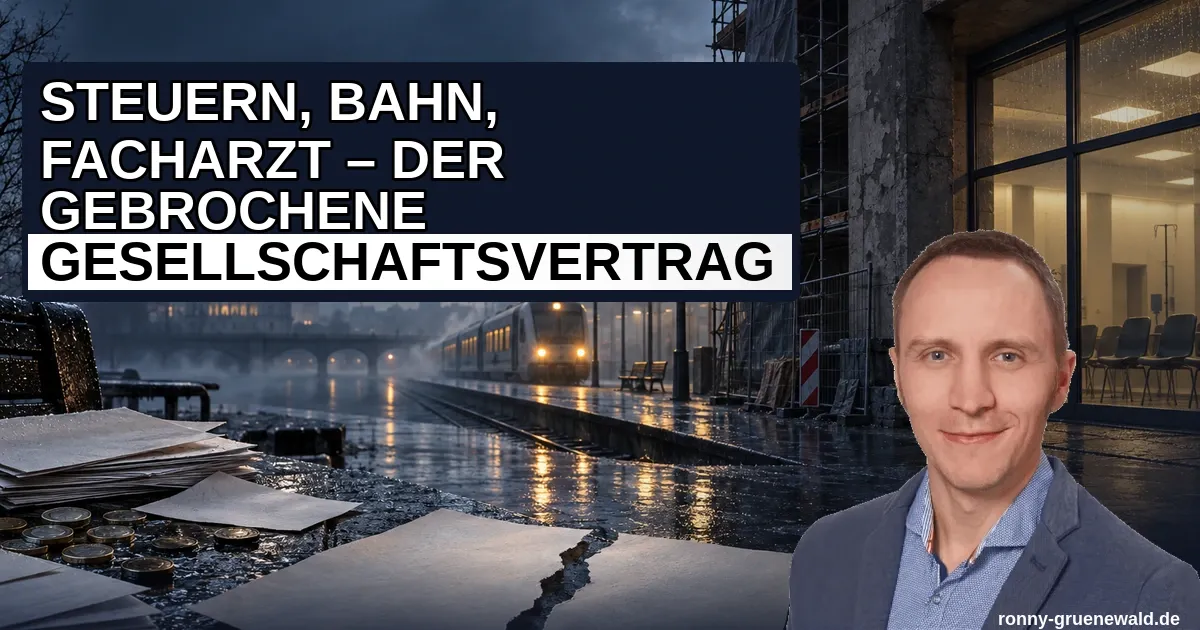 Titelbild: Editoriale Szene mit verspätetem Zug im Regen, Steuerunterlagen und Münzen, sanierungsbedürftigem Gebäude und Praxis, zerrissenem Vertragspapier im Vordergrund sowie einer oben platzierten kontrastreichen Überschrift, großem Autorenportrait und Website unten rechts