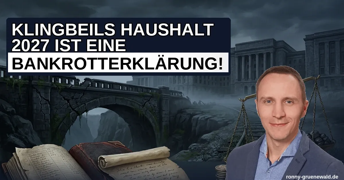 Titelbild: Symbolische Darstellung von Schulden, einer gekippten Waage, maroder Infrastruktur und der politischen Bankrotterklärung des Bundeshaushalts 2027; Ronny rechts im Bild