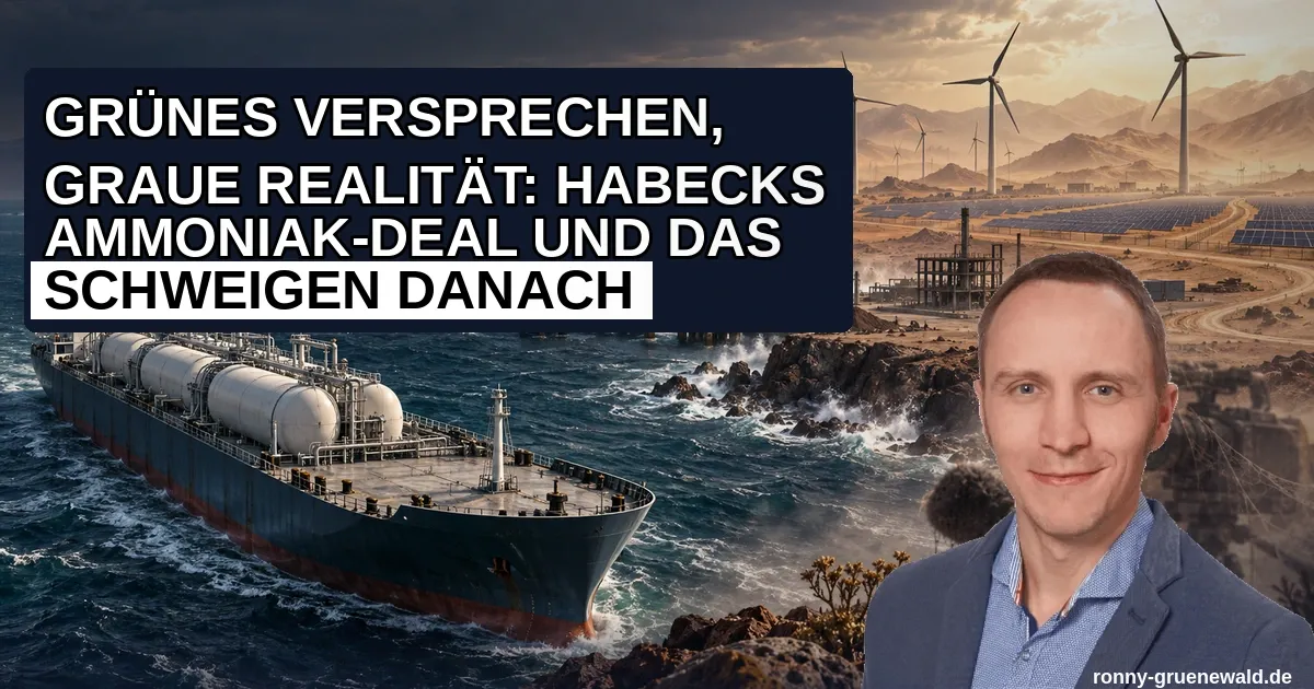 Titelbild: Windräder und Solarpaneele in namibischer Wüstenlandschaft als stilisierte Industriekulisse, davor leeres Frachtschiff mit Tank-Symbolik auf dem Meer, verblasste Pressekamera als Symbol für mediales Schweigen; Ronny rechts im Bild
