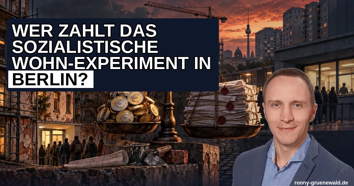 Titelbild: Berliner Mietskasernen und Plattenbauten, Waage mit Euro-Münzen und Kreditpapieren, Baukran und Warteliste vor einem Amtsschalter; Ronny rechts im Bild