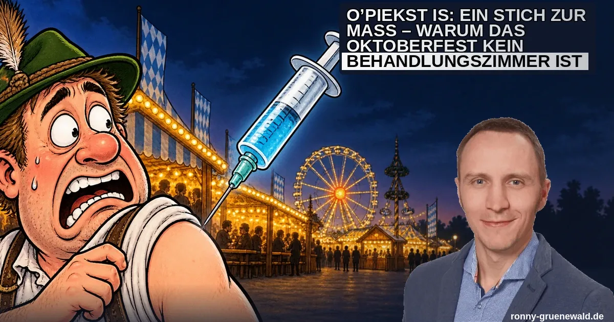 Karikatur: Ein erschrockener Wiesn-Besucher weicht einer übergroßen, frei schwebenden Spritze aus; rechts das Autorenportrait.