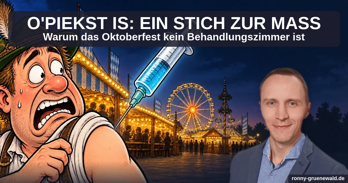 Karikatur: Ein erschrockener Wiesn-Besucher weicht einer übergroßen, frei schwebenden Spritze aus; im Hintergrund Oktoberfeststände und Riesenrad, rechts das Autorenportrait.