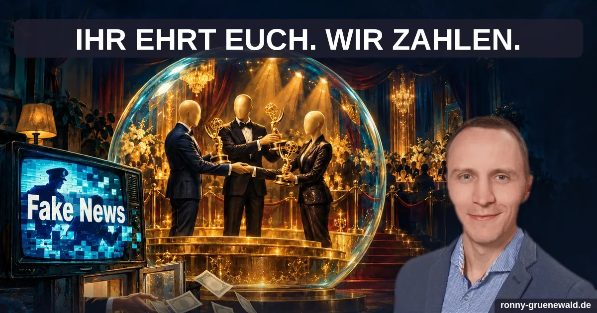 Satirische Illustration: Gesichtslose Figuren reichen sich in einer gläsernen Blase goldene Auszeichnungen. Links zeigt ein Fernseher „Fake News“, darunter werden Geldscheine aus einem Fenster geworfen. Rechts das Autorenportrait.