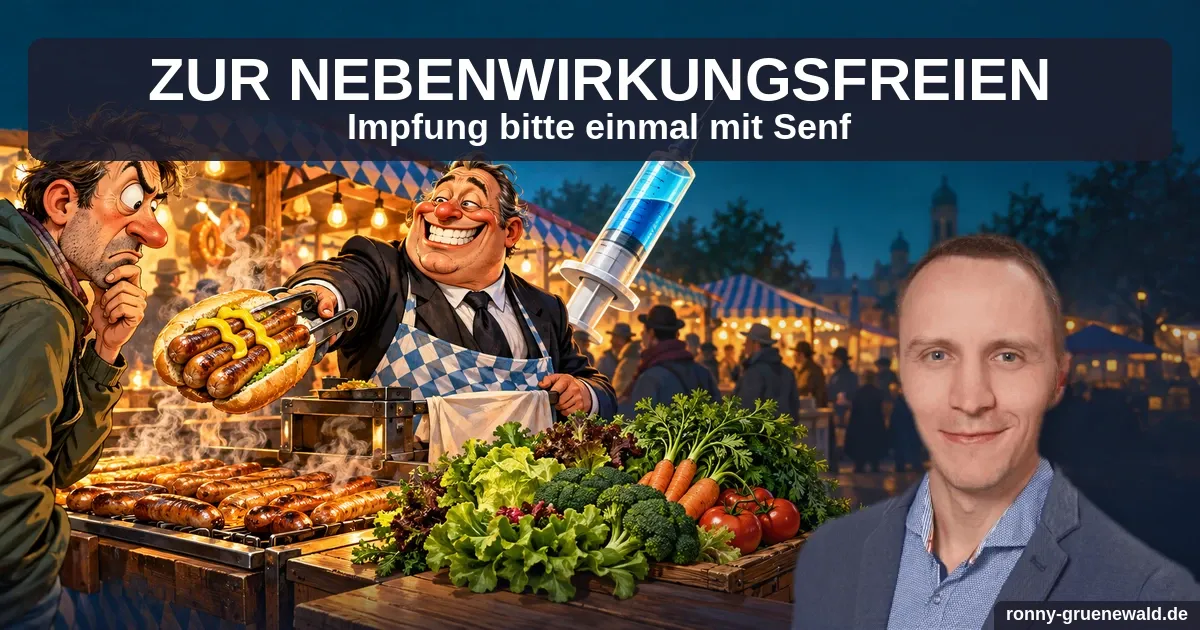 Karikatur: Ein fiktiver Verkäufer reicht einem skeptischen Kunden drei Bratwürste mit Senf; daneben eine übergroße Spritze und frisches Gemüse. Rechts das Autorenportrait.