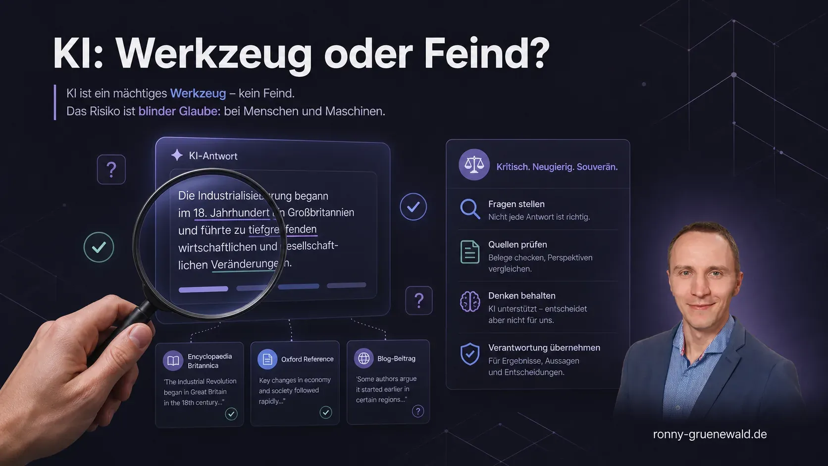 Titelbild: Ronny neben einer KI-Antwort, die mit Lupe, Quellenkarten und Prüfkriterien kritisch geprüft wird