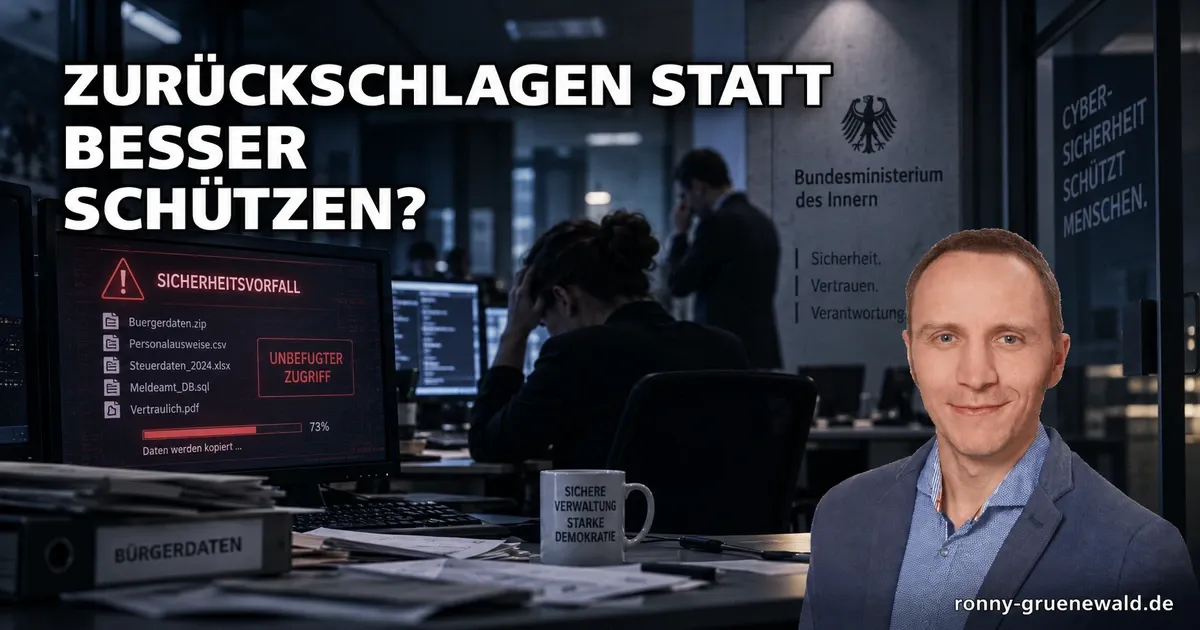 Symbolische Montage eines Sicherheitsvorfalls in einem Behördenbüro mit Autorenportrait und dem Titel „Zurückschlagen statt besser schützen?“